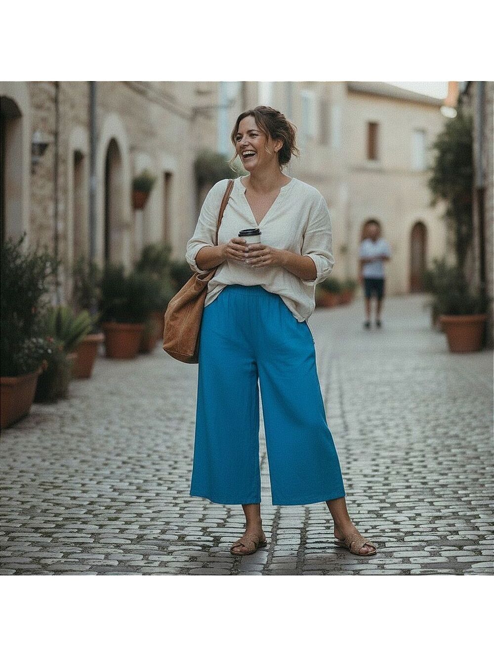 B'Gauze Boho Chic Blue Cotton Gauze Wide Leg Cropped Pants One Size Coastal